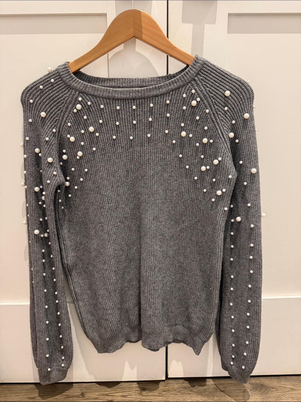 Pearl-Embellished Gray Women's Sweater
